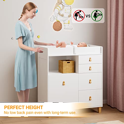 Baby Changing Table Dresser, 33.5" Baby Nursery Dresser with Drawers & Shelf, Wooden Storage Dresser Chest w/Changing Station for Infant Kids Bedroom, White