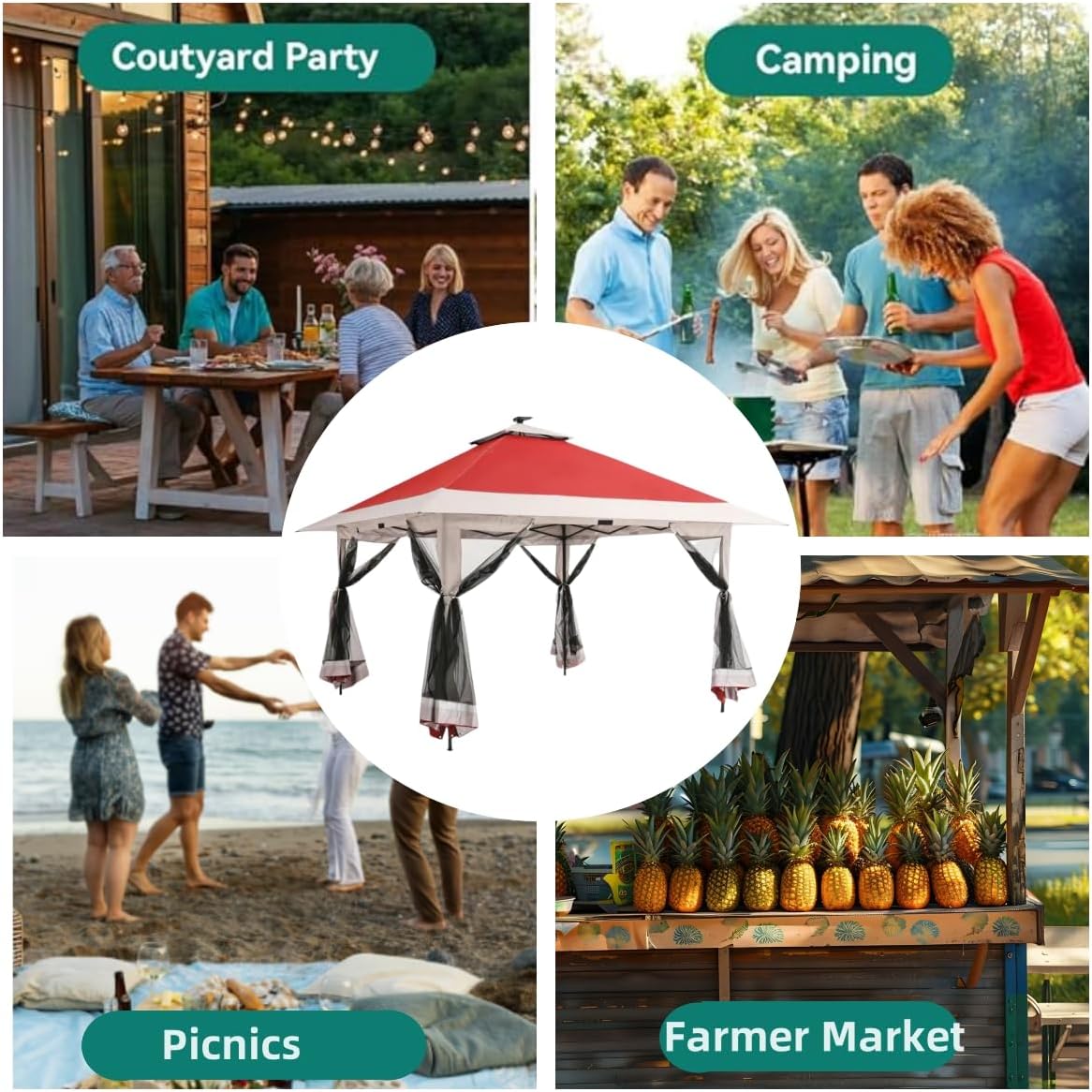 12x12 Pop Up Gazebo Outdoor Canopy Shelter with Mosquito Netting 4 Stanbags Instant Gazebo Tent for Lawn, Garden, Backyard, Deck (Red+ Light Grey)