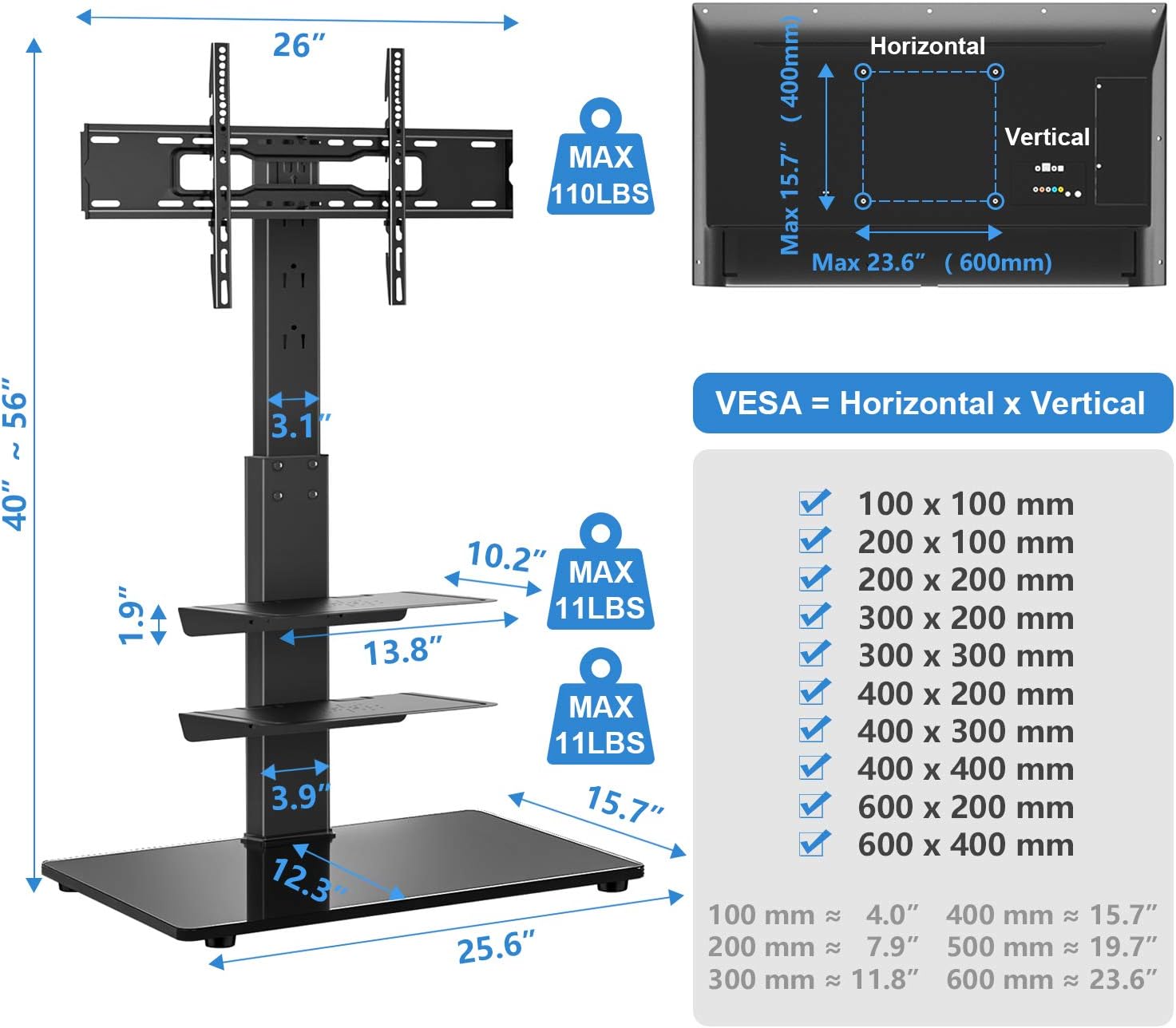 YOMT Floor TV Stand with Mount for Most 32-65 inch LCD,LED Flat or Curved Screens TVs,Universal Swivel Tall TV Stand Mount for Corner,Bedroom&Living Room,Small and Space Saving,Black