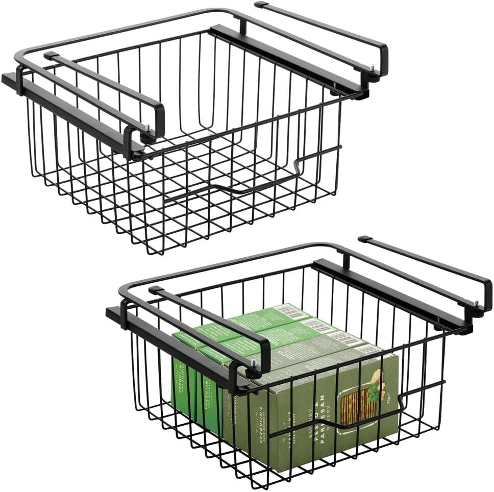 mDesign Large Metal Wire Hanging Pullout Drawer Basket - Sliding Under Shelf Storage Organizer - Attaches to Shelving - Easy Install - 2 Pack - Silver Pack of 2