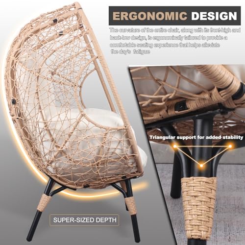 2 Pieces Patio PE Wicker Egg Chairs with Natural Color Rattan Beige Cushion