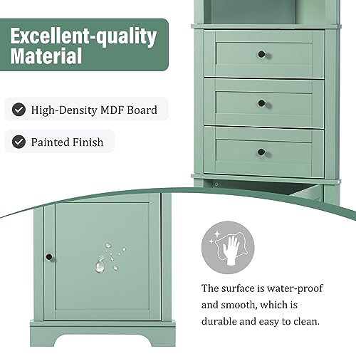 Triangle Tall Corner Cabinet Drawers and Adjustable Shelves Tall Hutch Corner Bar Cabinet with Door for Kitchen Green
