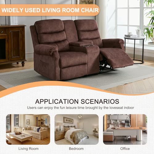 65.7" Manual Loveseat Recliner, Linen Fabric Home Theater Seating Recliner Chair with Storage Console, 2 Seater Reclining RV Sofa Chair for Living Room with Cup Holders (Grey-Linen)