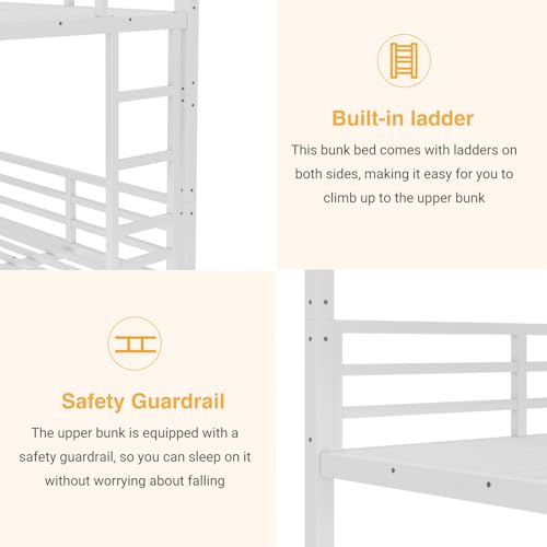 Twin XL Over Twin XL Bunk Bed, Metal Bunk Bed Frame Heavy Duty Bunk Beds Loft Bed Frame with Ladder and Guardrail Metal Slats No Box Spring Required for Adults Teens, Black