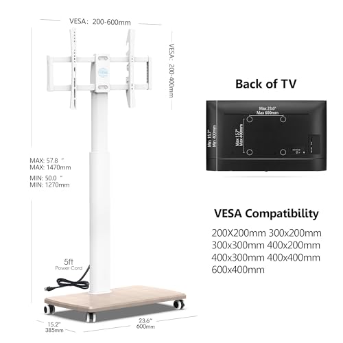 FITUEYES Rolling TV Stand with Power Outlets, Swivel Portable TV Stand for 32-75Inch LCD LED OLED Flat/Curved Panel Screen TVs, Height Adjustable&Wood Base, Mobile TV Cart Holds up to 99Lbs.