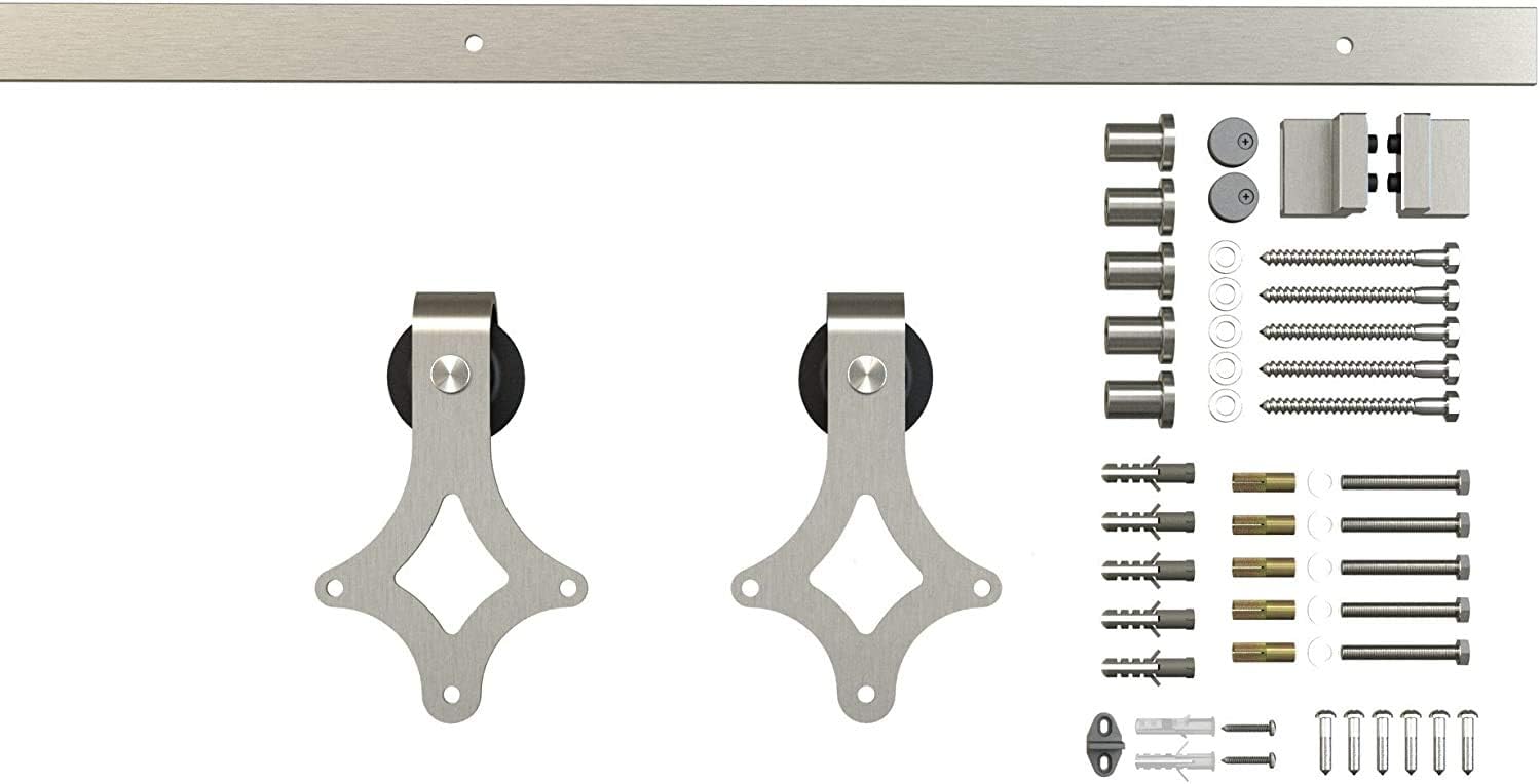 JUBEST Satin Nickel Sliding Barn Door Hardware Kit Smoothly and Quietly Hanger Roller Flat Track Kit J Shape Roller