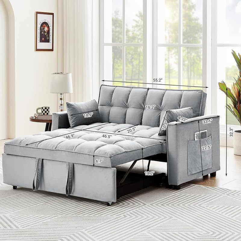 55" Convertible Sleeper Sofa Bed with USB Port, 3 in 1 Velvet Loveseat with Pull Out Bed, Small Love Seat Futon Couch Bed with 2 Pillows for Living Room Apartment,Beige