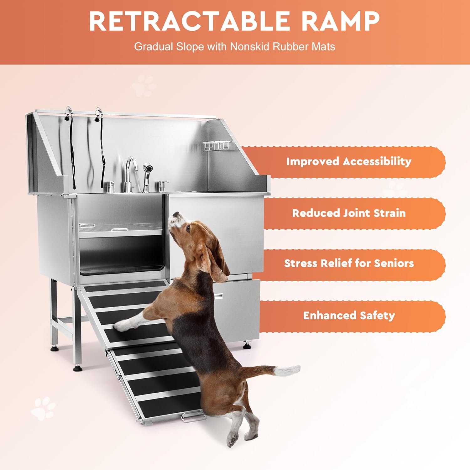 CO-Z Professional Dog Bathing Station, 50 in. Dog Grooming Tub with Nonskid Retractable Ramp for Large Dogs, Stainless Steel Dog Washing Station with Swivel Faucet Pull Out Showerhead Storage Drawer
