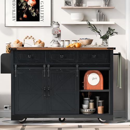 54.5" Farmhouse Kitchen Island with Drop Leaf,Storage Cabinet Island on Wheel,Rolling Home Cart Breakfast Bar Table with Power Outlet, 3 Drawer, Spice Rack