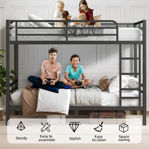 Twin XL Over Twin XL Bunk Bed, Metal Bunk Bed Frame Heavy Duty Bunk Beds Loft Bed Frame with Ladder and Guardrail Metal Slats No Box Spring Required for Adults Teens, Black
