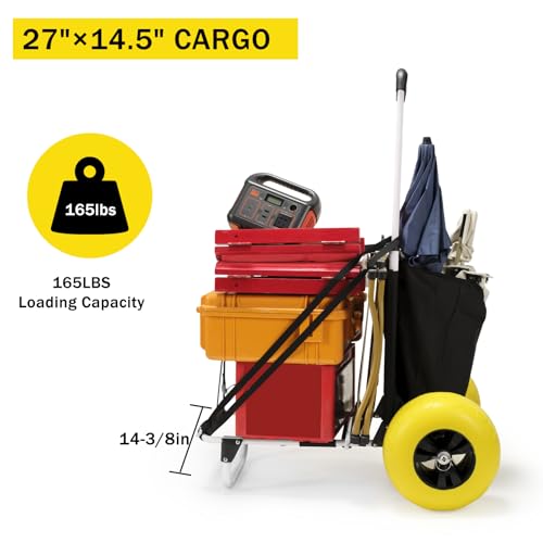 Beach Fishing Cart, 13” Big Balloon Wheels w/Flat-Free Solid PU Tires for Sands, 165LBS Loading Folding Sand Cart & 33.1" to 51.6" Adjustable Height, Beach Buggy Cart w/Storage Bag, No Rust