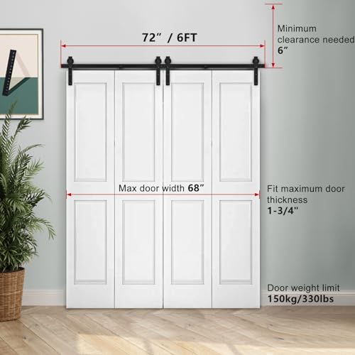 72"/6FT Bi-Folding Sliding Barn Door Hardware Track Kit for 4 Closet Door, Side Mount Roller, Heavy Duty, Slide Smoothly Quietly, Easy Install, Black(No Door)