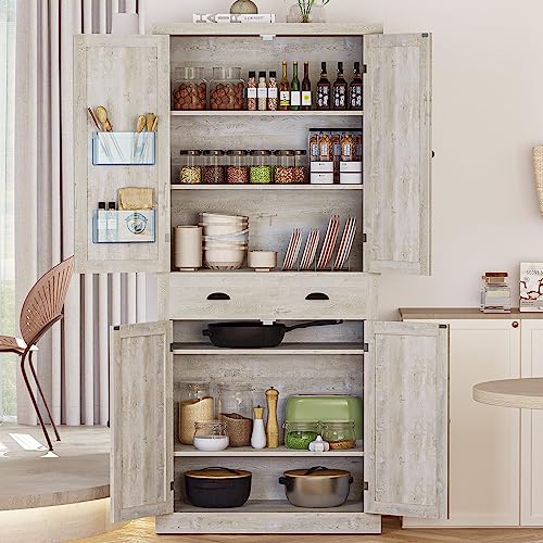 IRONCK Kitchen Pantry Storage Cabinet 72.6" H, with Barn Doors, Drawer, 4 Adjustable Shelves, Freestanding Cupboard for Dining Room Living Room, Laundry, White