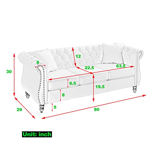 Chesterfield Sofa Couch, 80" W Velvet 3 Seater Sofa Tufted Couch with Rolled Arms and Nailhead for Living Room, Bedroom, Office, Apartment - Beige