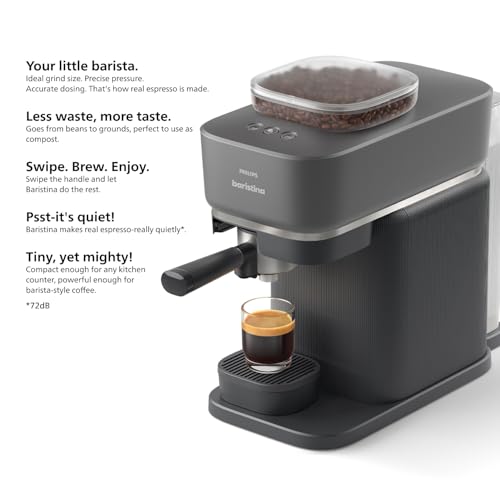 Philips Baristina Espresso Machine, Grind, Tamp & Brew Coffee Beans in One Swipe, Compact, 16 Bar Pump Pressure, Automatic Grinder, Black with Black Portafilter (BAR300/60)