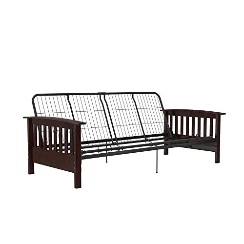REALROOMS Elbi Full Size Wood Arm and Black Metal Futon Frame, Brown