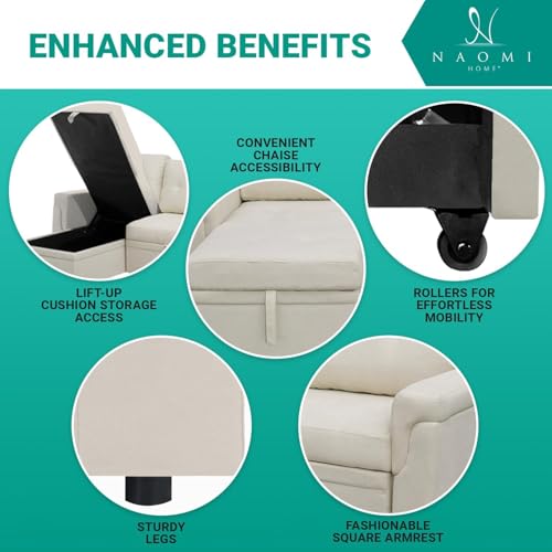Naomi Home Jenny Sectional Sofa Sleeper with Storage Chaise, Tufted Pull Out Couch with Storage, L-Shaped Reversible Sleeper Sofa with Storage, Black,Air Leather