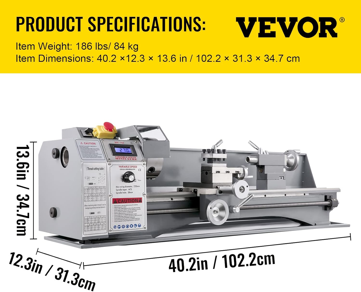 VEVOR Metal Lathe 8.7 x 29.5 Inch/220 x 750MM Mini Metal Lathe 750W Infinitely Variable Speed Mini Lathe Machine LED Screen for Counter Face Turning Driling