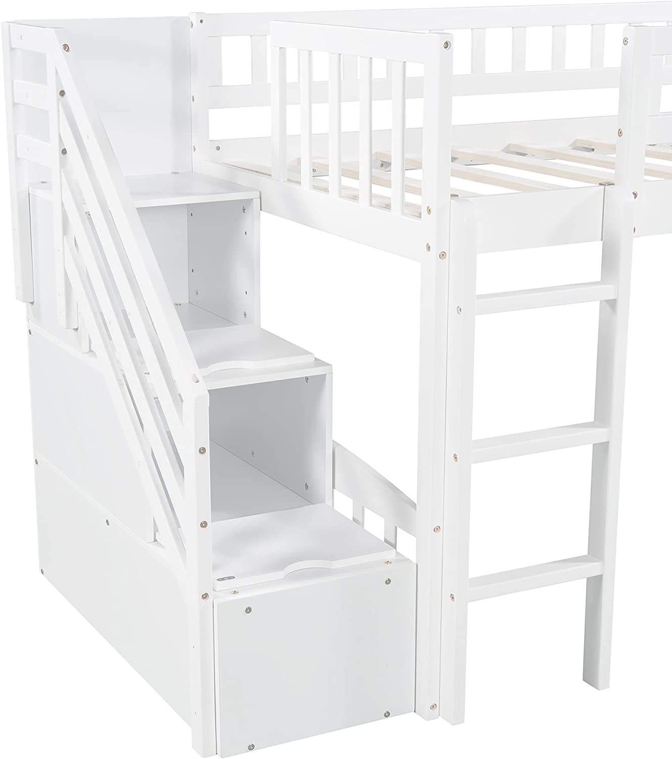 Loft Bed With Slide And Stairs, Wooden Low Loft Bed Frame With Storage For Kids Girls Boys - White