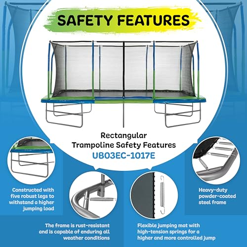 Upper Bounce Rectangle Trampoline Set with Premium Top-Ring Enclosure System – Outdoor Trampoline - Gymnastics Rectangular Trampoline for Kids - Adults - Supports Upto 500 lbs.