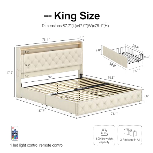 King Size Bed Frame with LED lights & USB Charging Station, Velvet Upholstered Platform Bed with Storage Headboard and 4 Drawers, No Box Spring Needed, Easy Assembly, Beige