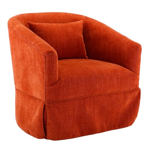 Swivel Accent Armchair, Upholstered 360 Degree Swivel Barrel Chair with Skirt, Modern Comfy Round Armchair with Metal Base & 1 Pillow for Living Room Bedroom Office, Blue