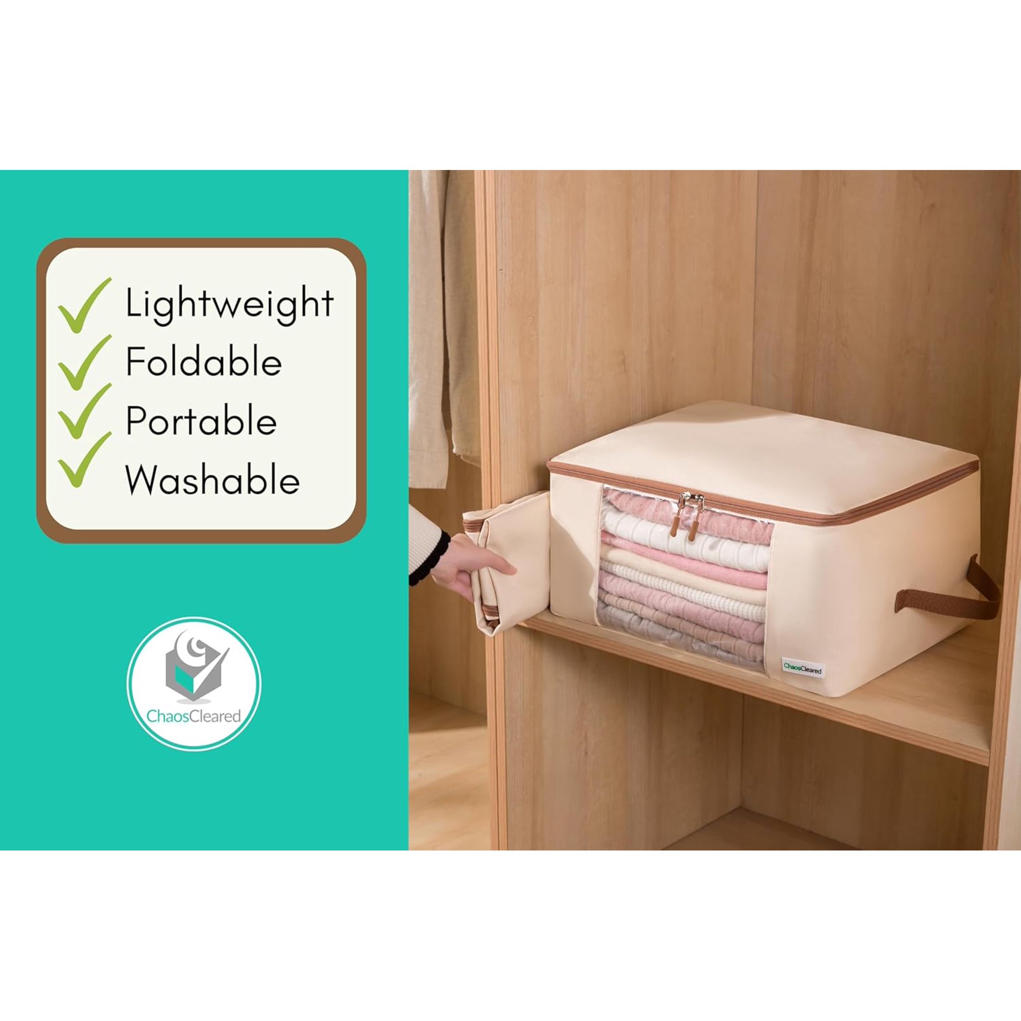 Canvas Clothing Storage 2 Bags Clothes Organizer folding fabric bags for sweaters, clothing, garment, bedding, quilt, linens, large folding organizers with zip &amp; window, mothproof underbed space save