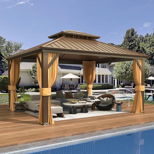 EROMMY 10' x 12' Hardtop Gazebo, Aluminum Frame Gazebos with Galvanized Steel Double Roof, Permanent Outdoor Metal Pavilion with Curtain and Netting for Patio, Lawn, Deck