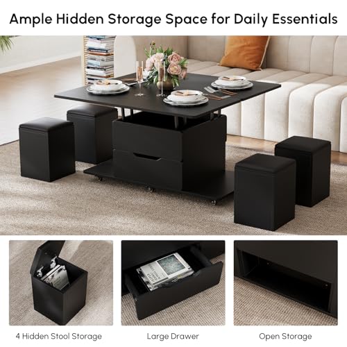 homary Black Lift-Top Coffee Table with Hidden Storage, 3-in-1 Modern Folding Center Table with 4 Stools, Casters, and Lockable Wheels – Convertible Dining & Office Table for Living Room