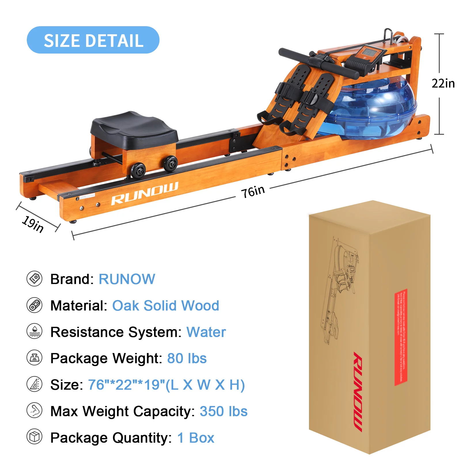 RUNOW Water Rowing Machine with LCD Monitor Wooden Water Rower 350 LB Wood Rowing Machine for Home Use