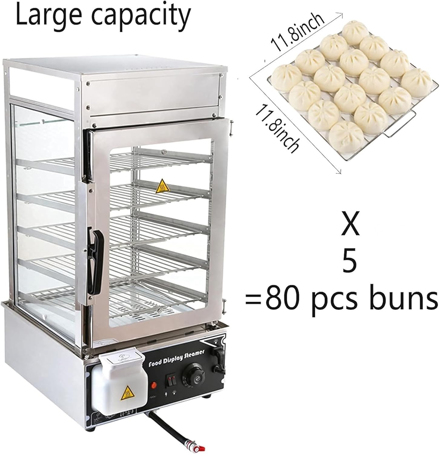 Electric Bun Steamer | Hot Food Warmer Showcase With Sewage Pipes | Commercial Kitchen Steamer With Water Level Tank | Steamed Bun Warmer Machine for Snack Bar | 30-110℃ Temperature