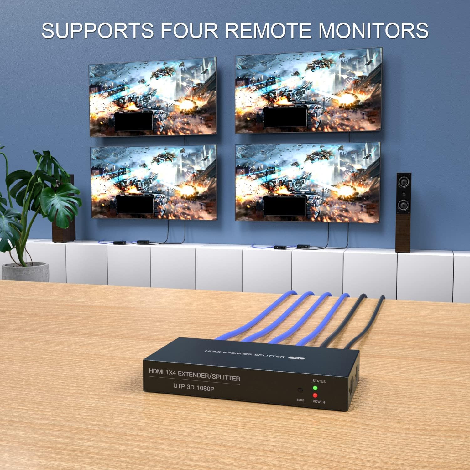 HDMI Extender Splitter 1x2 1080P@60Hz Over Cat 5E/6/7 Ethernet Cable 50m (165ft) Support 2 HDMI loopout EDID Copy POC Function (1 in 2 Out)