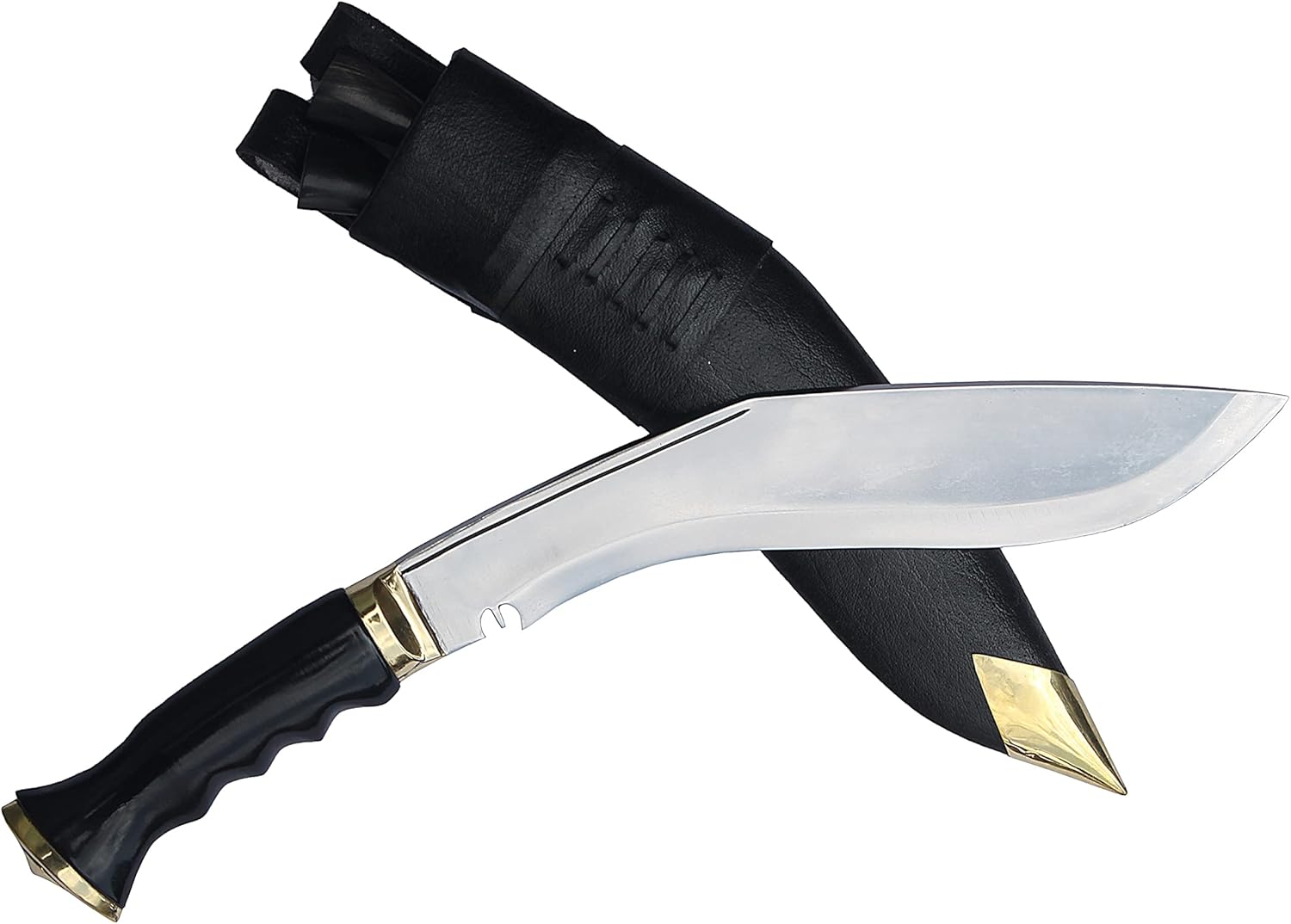 ESK GROUP ESK HANDMADE KUKRI KNIFE MACHETE - 10.5 INCH CARBON STEEL BLADE and 5 INCH HORN HANDLE WITH BLACK COLOUR GENUINE LEATHER SHEATH AND TWO SMALL KNIVES, MADE IN NEPAL