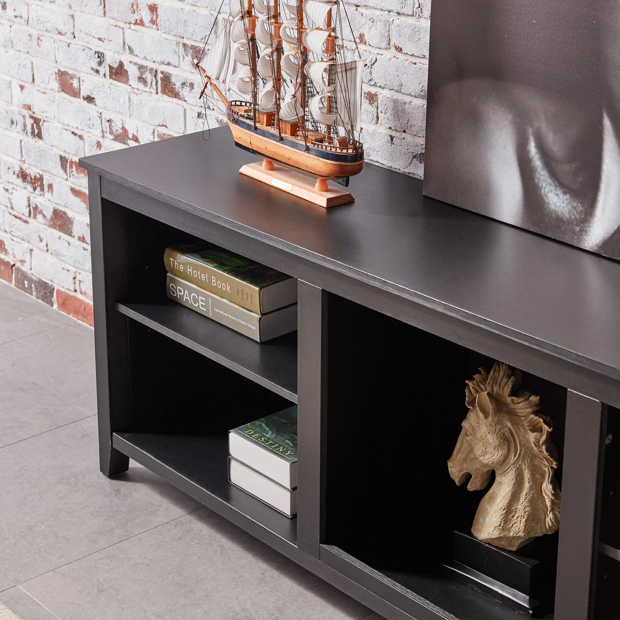 SYNGAR Industrial TV Stand for TV up to 70 inches, Wood TV Console Table Stand with 2 Storage Drawers and 4 Open Compartments, Home Living Room Entertainment Center, Black, 70"L x 15"W x 25"H