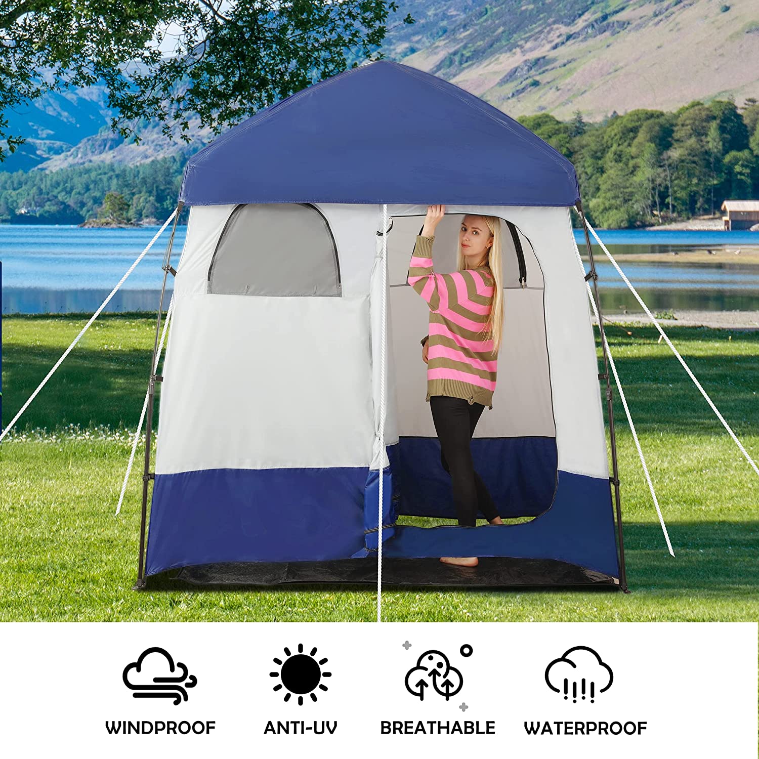 Camping Shower Tent Oversize Space Privacy Tent Portable Outdoor Shower Tents for Camping with Floor Changing Tent Dressing Room Easy Set Up Shower Privacy Shelter 2 Rooms Toilet Tent