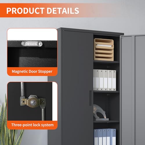 Metal Storage Cabinet with Wheels, Lockable Garage Cabinet with Doors and Shelves, Rolling Tool Storage, Assembly Required, Black