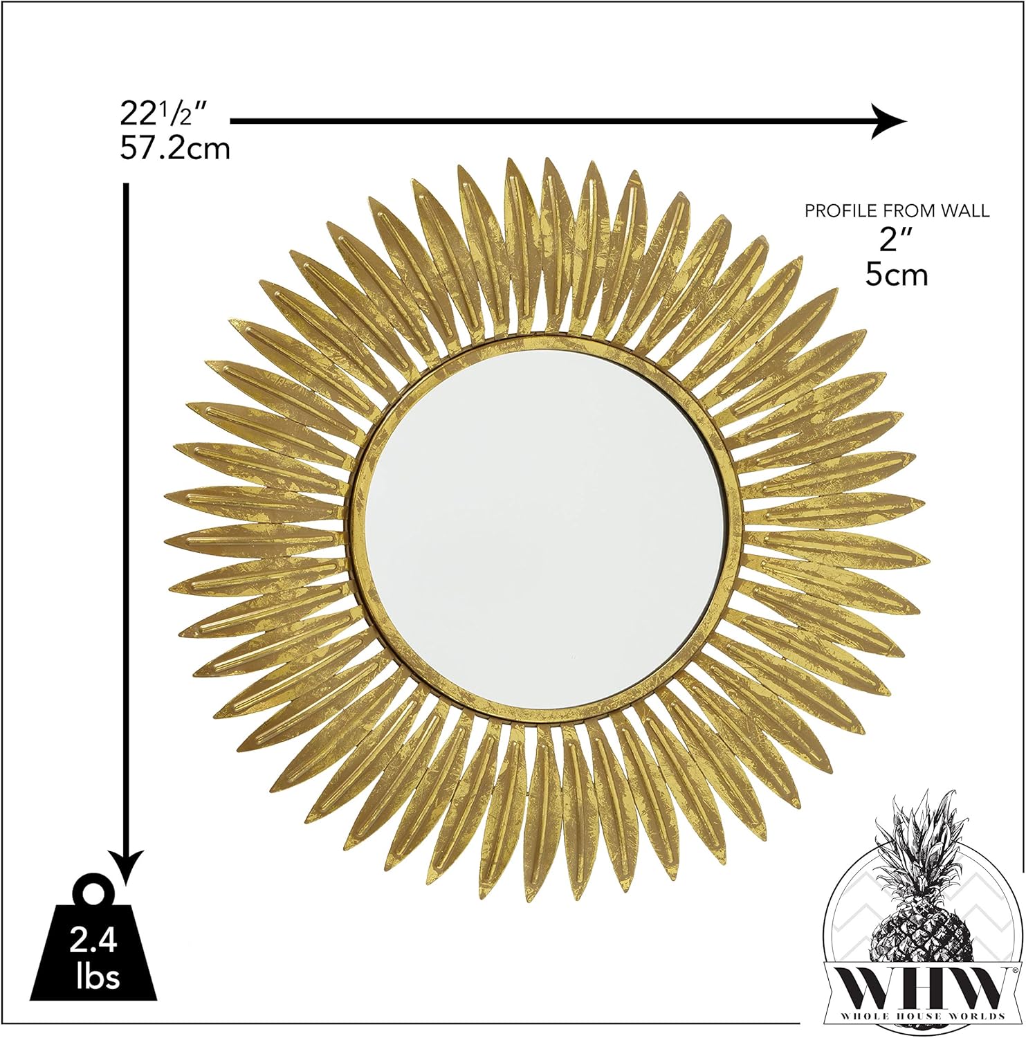 WHW Whole House Worlds Burst Accent Mirror, Brilliant Reflective Glass, Circular, Vintage Style, Golden Gilt Finish Over Metal, Layered Leaf Frame, 19.75 Inches Diameter