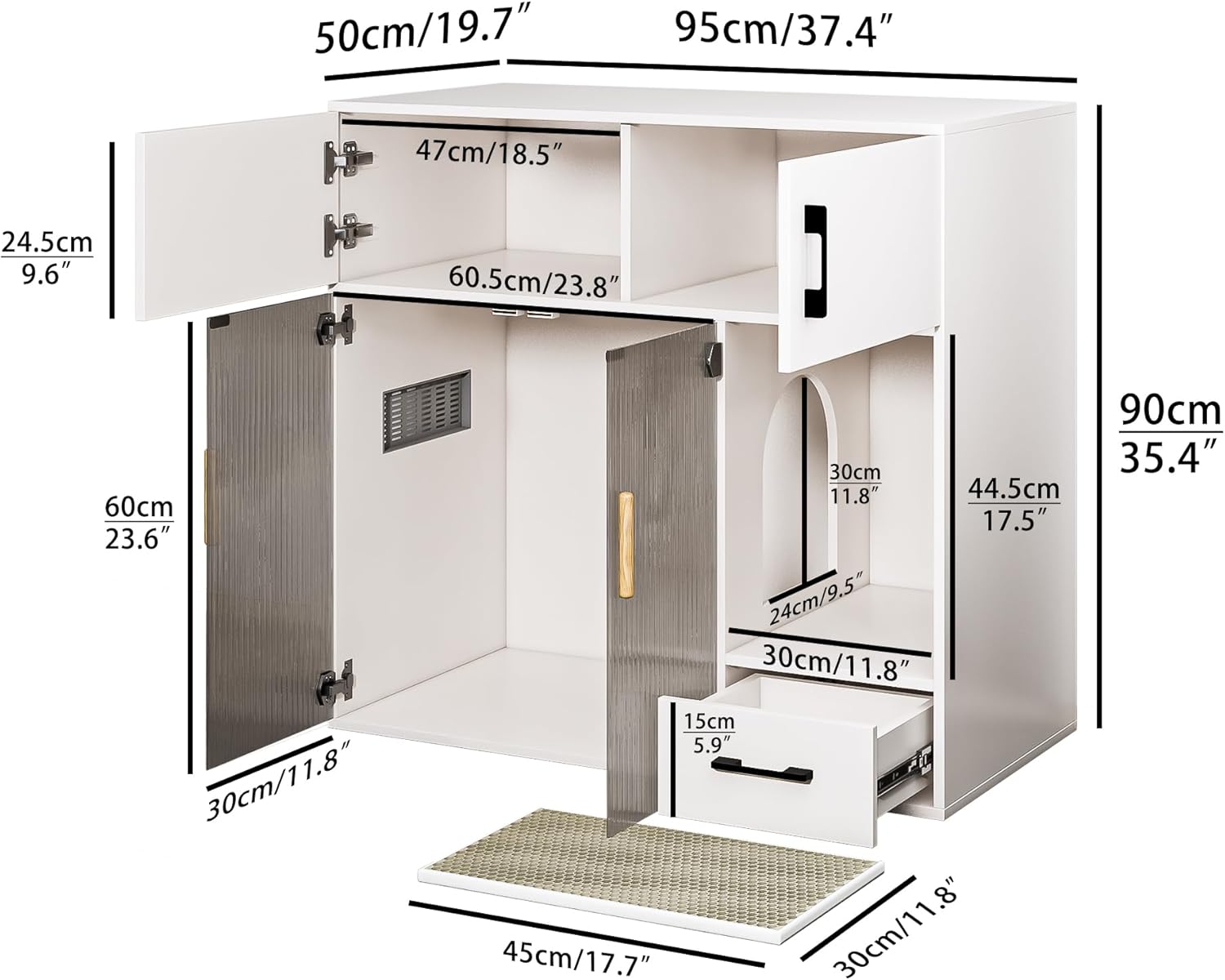 Cat Litter Box Enclosure Furniture Style White Cat Cabinet Side Table with Storage Space for Living Room, 37.4'' x 19.7'' x 35.4''