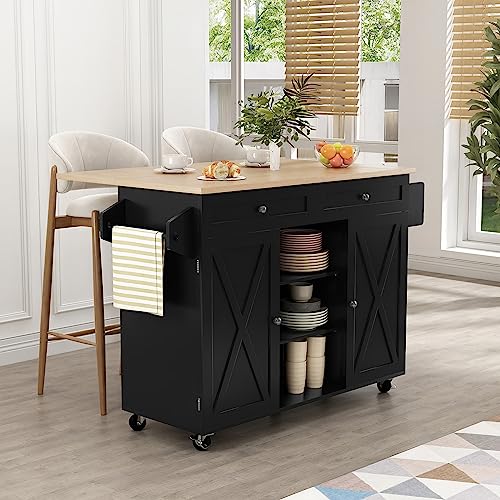 HLR Kitchen Island On Wheels, Rolling Kitchen Island Cart with Drop Leaf Countertop, Barn Door Kitchen Island Table with Storage Cabinet and Tower Rack, Island Table for Kitchen (Blue)