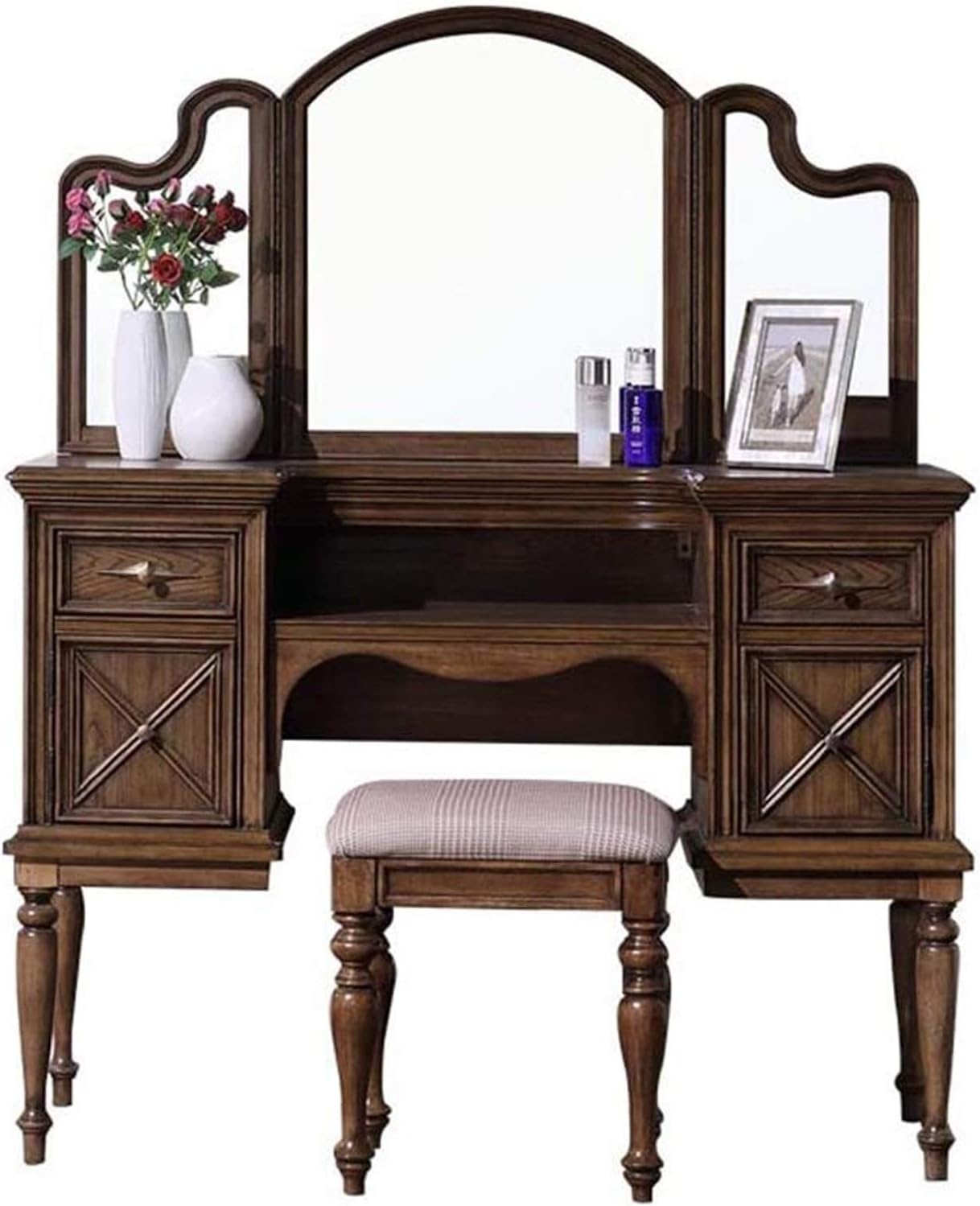 Luxury Dressing Vanity Table w/Stool for Bedroom, Simple American Solid Wood Dressing Table - Bedroom Simple European tri-fold Mirror Dressing Table Combination American Fashion Wind