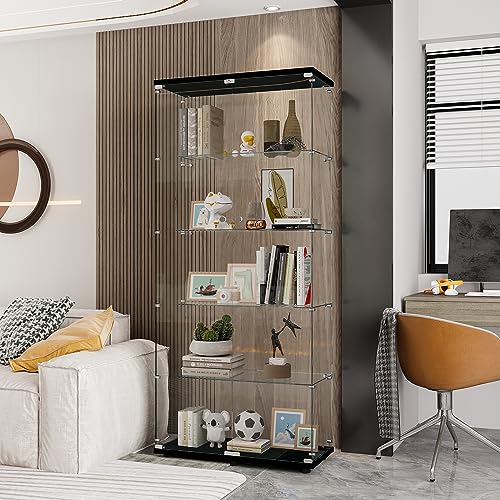 64.7" H Two-Door Display 4 Shelves, Curio Cabinets for Living Room, Bedroom, Office, Floor Standing Glass Bookshelf, Quick Installation, 64" 31" 14", Black