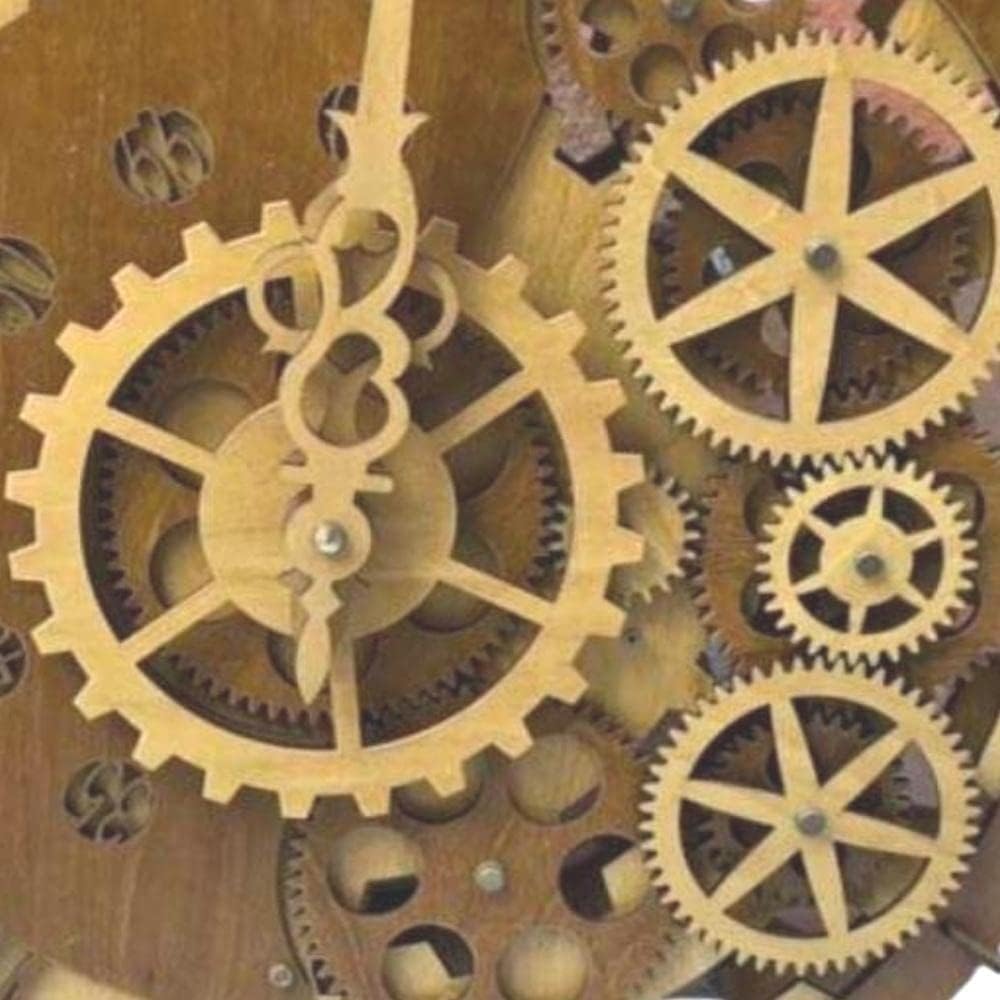 15 Inch Industrial Steampunk Wall Clock, Rustic Farmhouse Style, Retro Mechanical, Moving Gears, Wood, 3D Minimalist Skeleton, Antique Vintage Roman & Arabic Numerals, Battery Powered