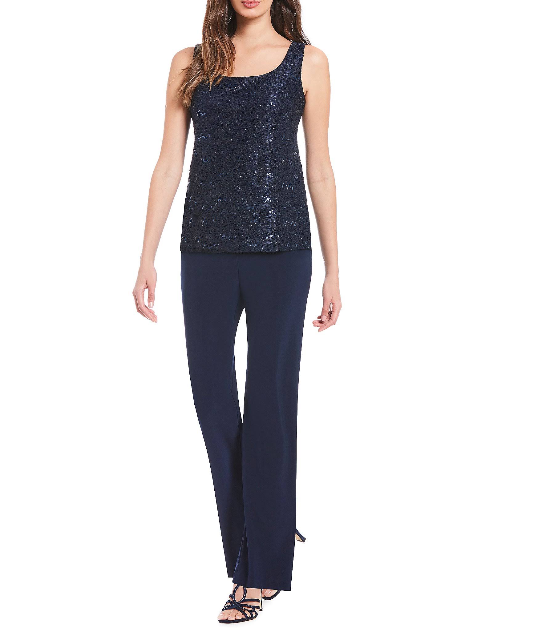 R M Richards 3-Piece Sequin Glitter Scallop Lace Duster Pant Set - 10