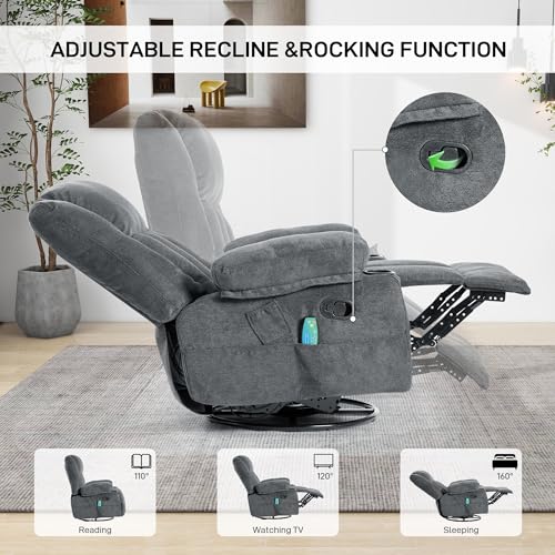 Recliner Chair Massage Fabric Recliners with Heated, 360 Degree Swivel Single Sofa with Cup Holders and Side Pockets Rocking Chair for Living Room