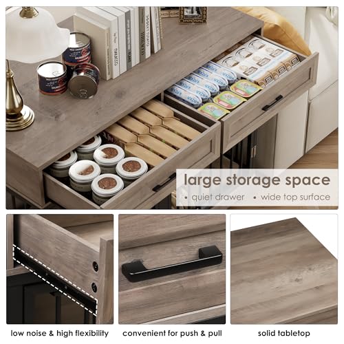 Dog Crate Furniture 47" Wooden Dog Kennels for Dogs Indoor with a Removable Divider for Large/Medium/Small Dogs, 2 Storage Drawers and Large Tabletop Dog Cages Double Doors Dog House, White