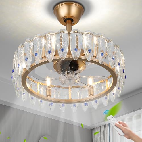 42''Dimmable Fandelier Crystal Chandelier Ceiling Fan Retractable Ceiling Fan with Lights and Remote 6 Speed, 3 Light Change Retractable Blade Chandelier Ceiling Fan for Bedroom(Chrome)