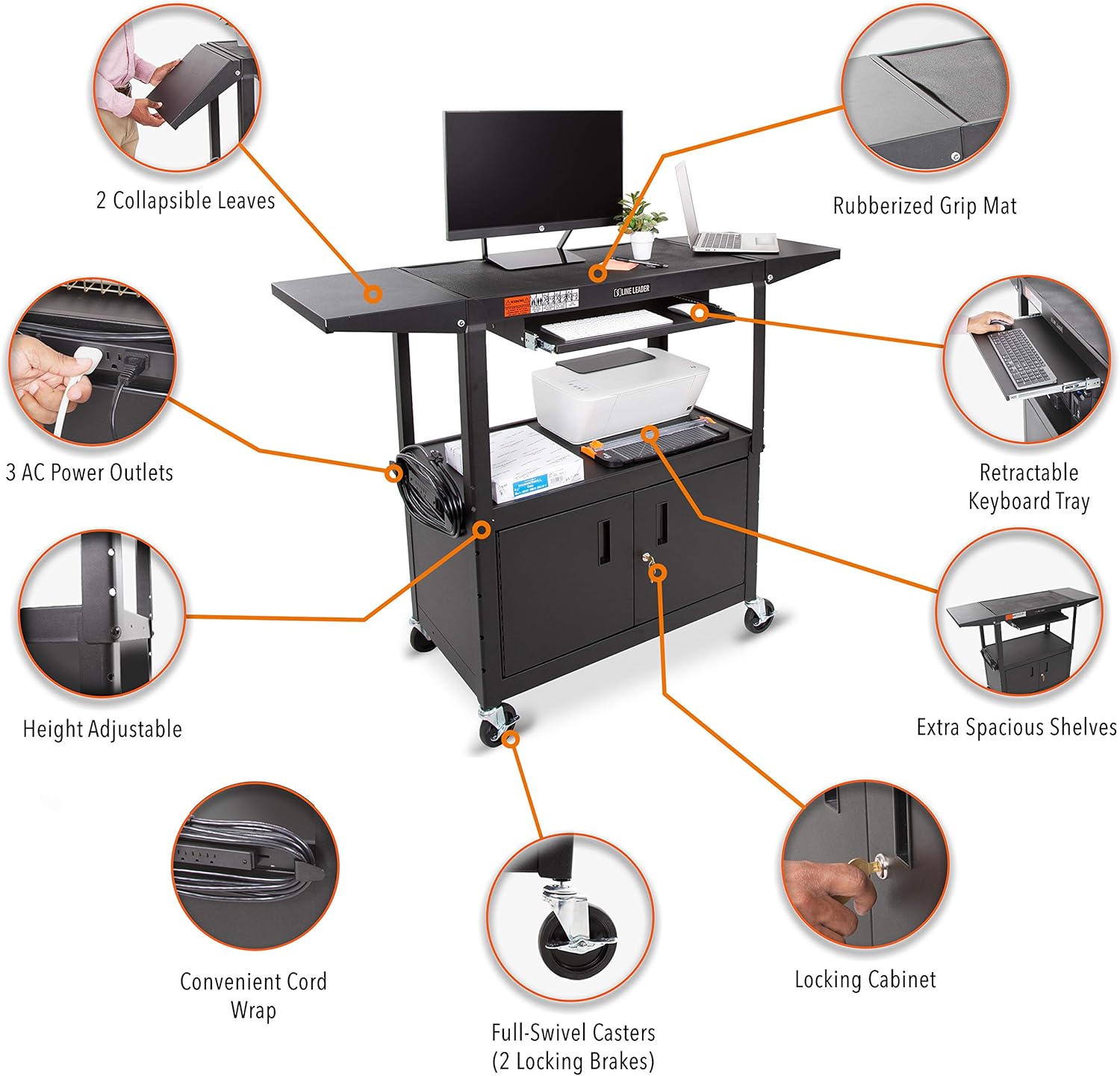 Line Leader Large AV Cart with Locking Cabinet & Drop Leaves | Height Adjustable Utility Cart | Includes Pullout Keyboard Tray & Cord Management | Easy Assembly (54in x 18in x 42in / Black)