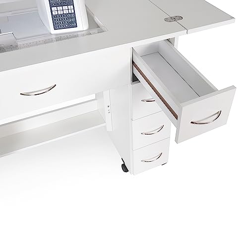 Arrow Classic Sewing Furniture Alice Compact Mid-Size Sewing Cabinet with Hydraulic Machine Lift, Drawers, Expandable Leaves, Locking Wheels - Ash White