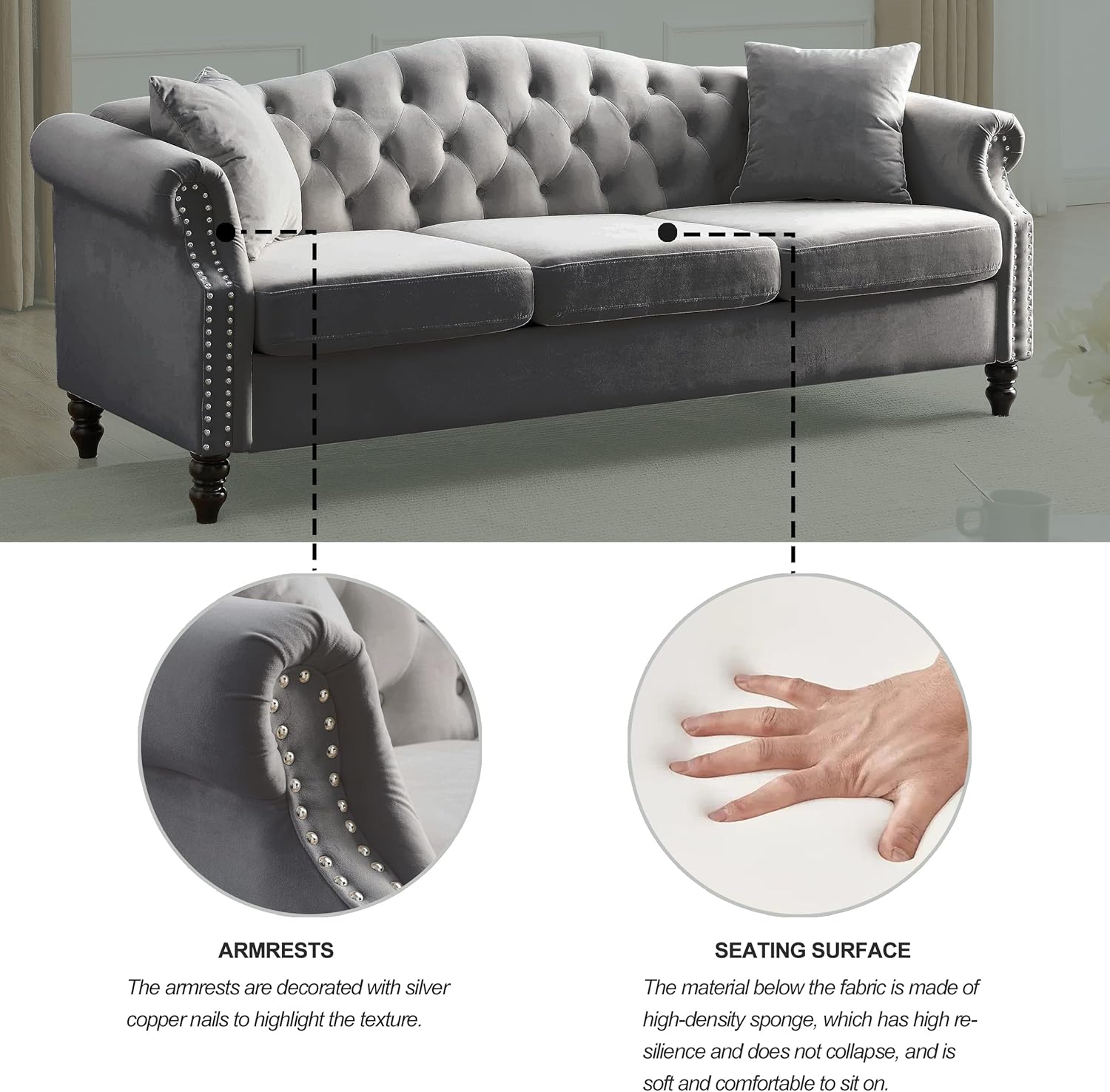 79" Chesterfield Sofa Grey Velvet for Living Room, 3 Seater Sofa Tufted Couch with Rolled Arms and Nailhead for Living Room, Bedroom, Office, Apartment, 2 pillowsW834S00012