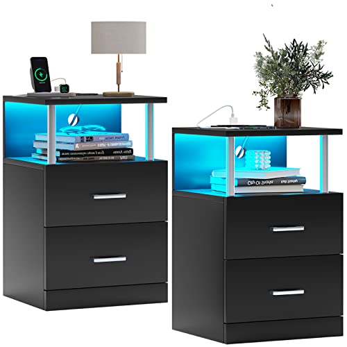 AOGLLATI Nightstand with Charging Station and LED Lights, Nightstands Set of 2, Bedside Table with Open Storage and 2 Drawers, 2 USB Ports, 2 Outlets, Modern End Side Table for Bedroom, White
